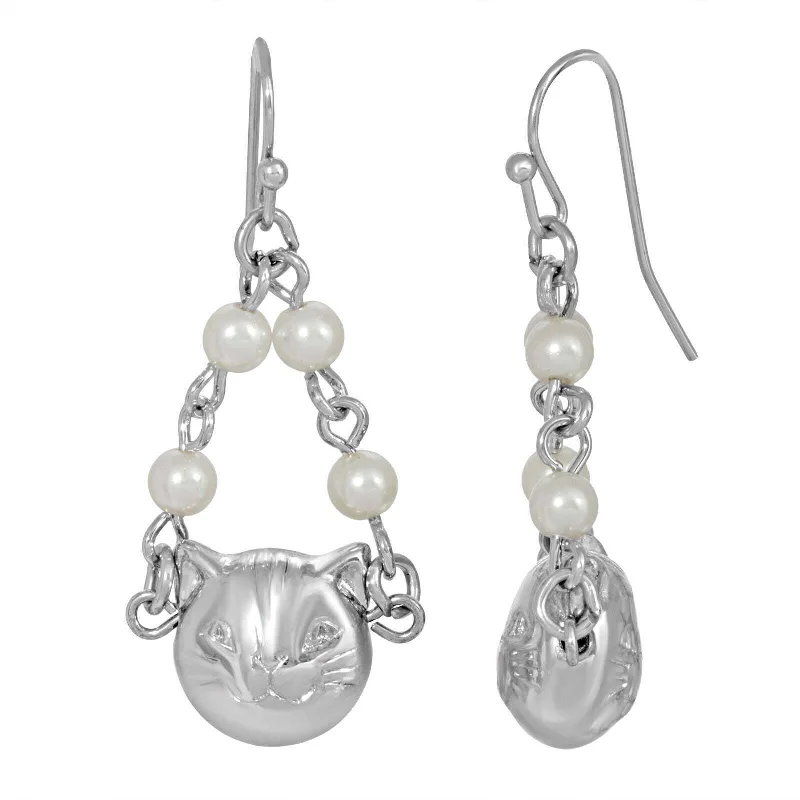 ladies earrings for young women -1928 Jewelry White Faux Pearl Cat Drop Earrings