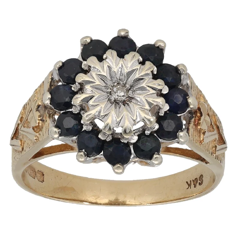 ladies engagement rings with moonstone -9ct Gold Sapphire & 0.02ct Diamond Cluster Ring Size P