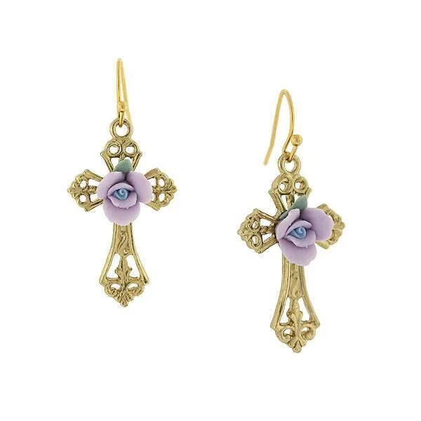 ladies earrings geometric pattern -1928 Jewelry Porcelain Rose Cross Drop Earrings