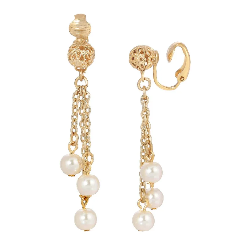 ladies earrings for fashion lovers -1928 Jewelry Belle Epoch Filigree Ball Faux Pearl Chain Clip On Earrings