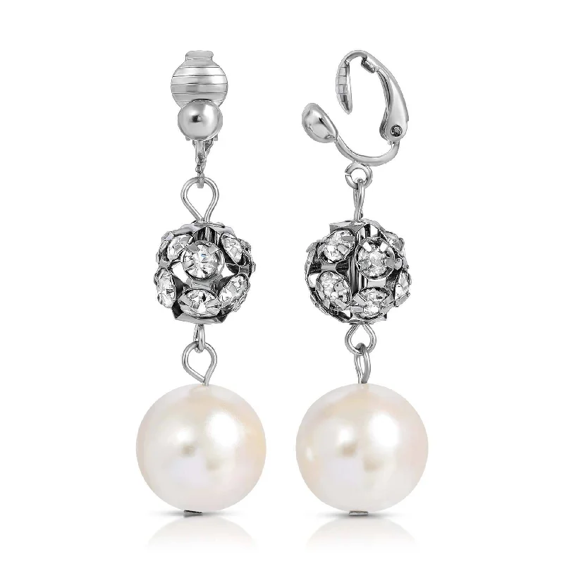 ladies earrings bold statement -1928 Jewelry White Faux Pearl And Crystal Fireball Drop Clip On Earrings