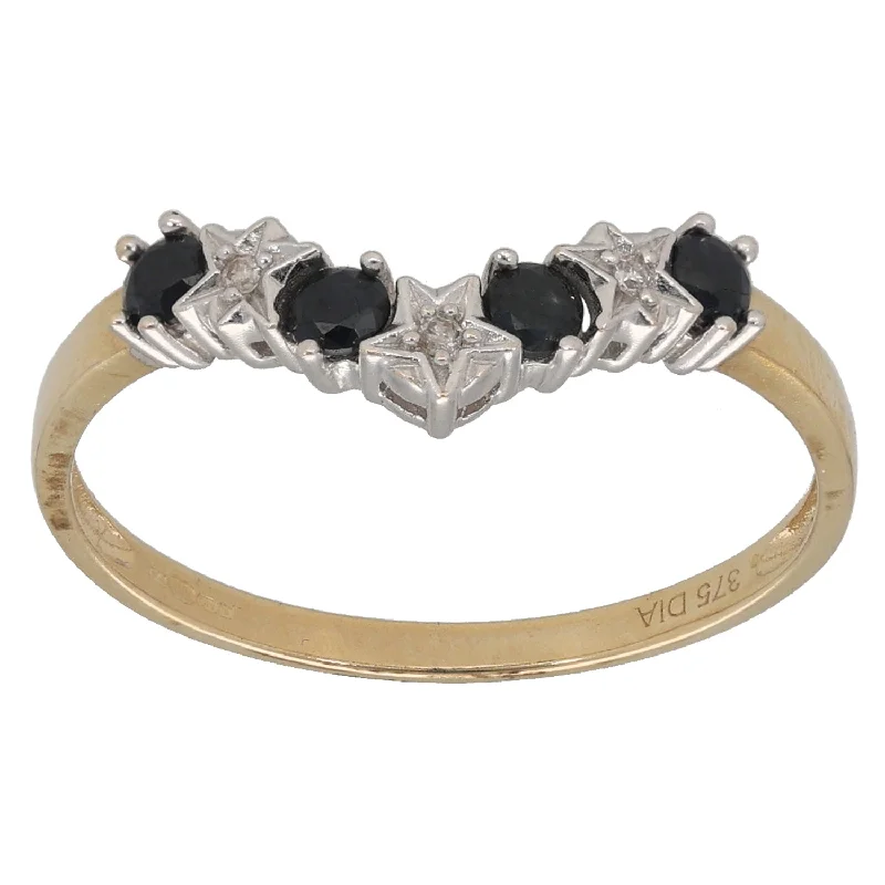 ladies engagement rings radiant cut stone -9ct Gold Sapphire & 0.03ct Diamond Wishbone Ring Size P