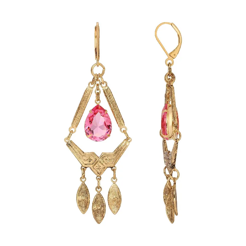 ladies earrings with white pearls -1928 Jewelry Tri Harmonic Leaf Drop & Rose Pink Oval Crystal Dangle Earrings