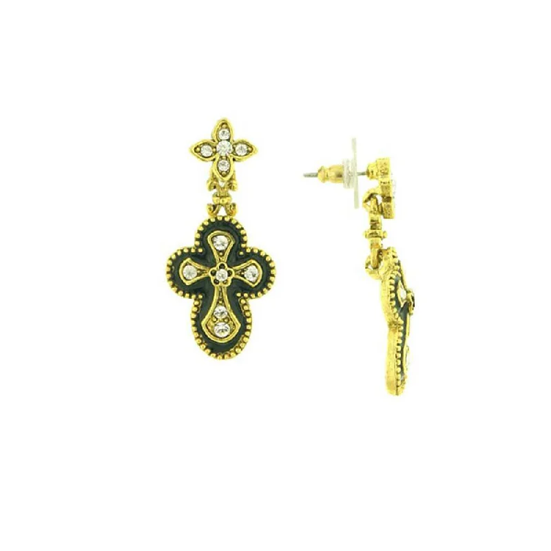 ladies earrings romantic appeal -Antiquities Couture Crystal And Black Enamel Gothic Cross Drop Earrings