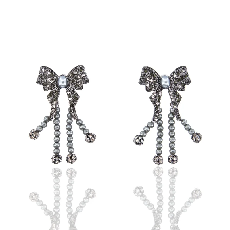 ladies earrings with arrow design -Diamonique Dainty Bow Dangles - Gray