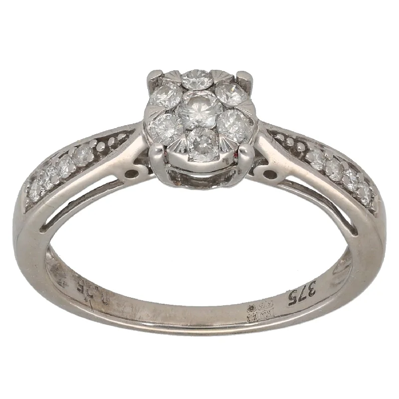 ladies engagement rings timeless classic -9ct White Gold 0.25ct Diamond Cluster Ring Size K