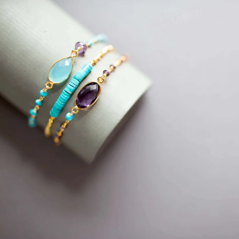 bracelets leather men design -Bracelet Stacking Set: Amethyst, Blue Chalcedony and Turquoise