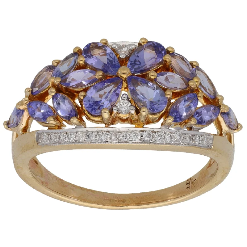 ladies engagement rings geometric pattern -9ct Gold Tanzanite & 0.19ct Diamond Dress/Cocktail Ring Size P