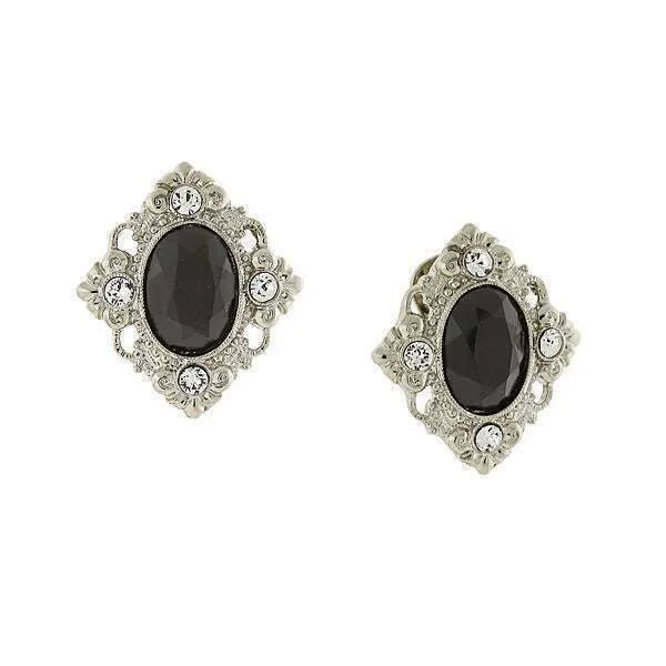 ladies earrings with blue topaz -1928 Jewelry Black Stone Crystal Accent Clip On Earrings