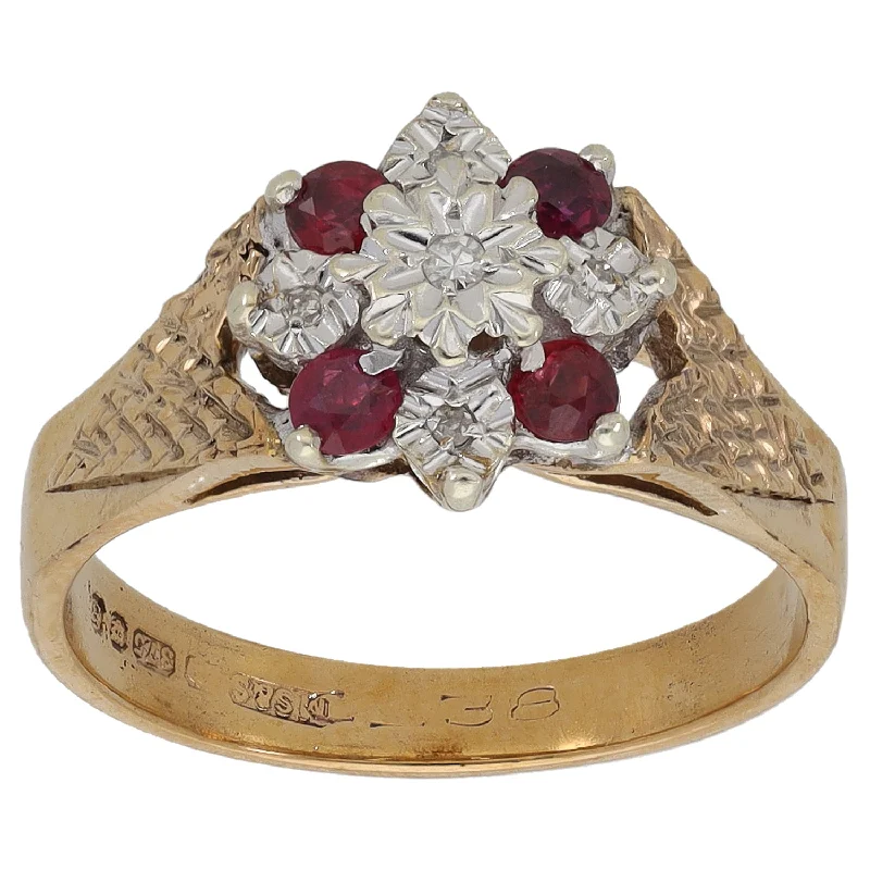 ladies engagement rings white gold shine -9ct Gold Ruby & 0.03ct Diamond Cluster Ring Size M