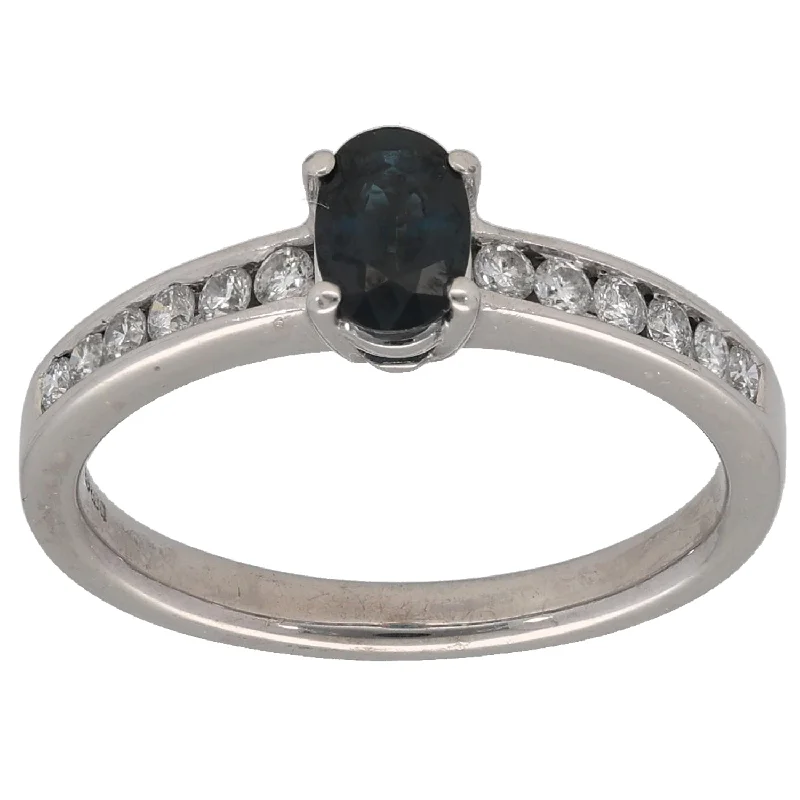 ladies engagement rings with topaz blue -9ct White Gold Sapphire & 0.18ct Diamond Single Stone Ring with Accent Stones Size L