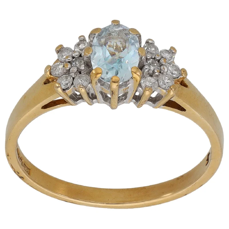 ladies engagement rings with turquoise stone -9ct Gold Diamond & Aquamarine Dress/Cocktail Ring Size L