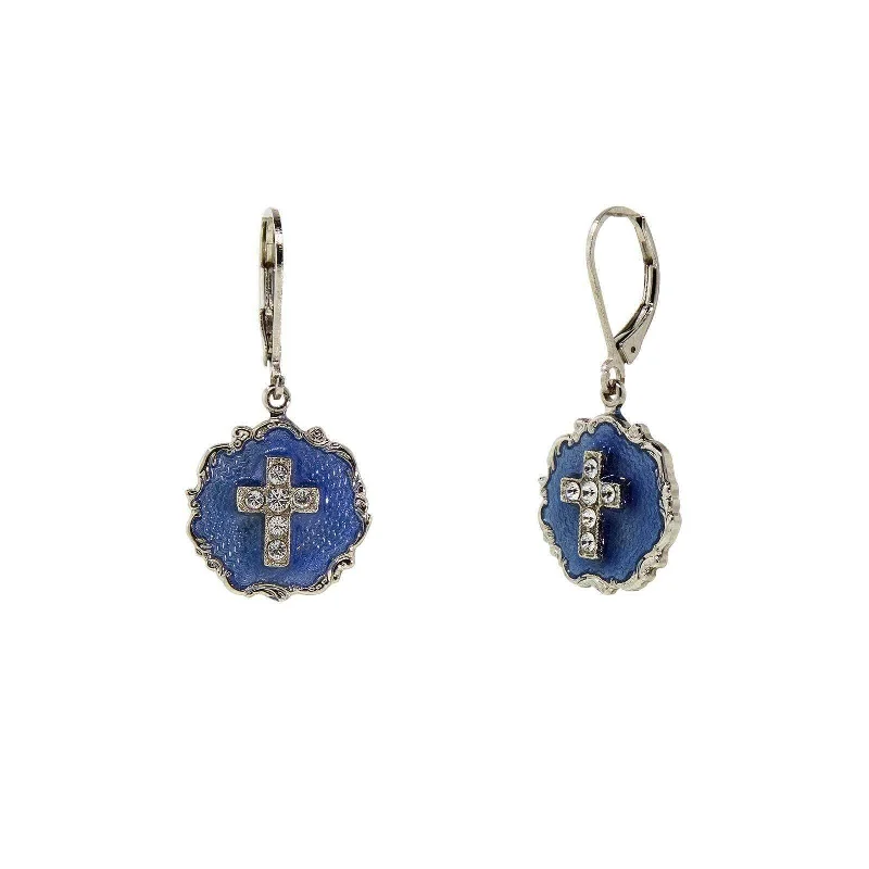 ladies earrings hypoallergenic metal -Symbols of Faith Blue Enamel Crystal Cross Round Earrings