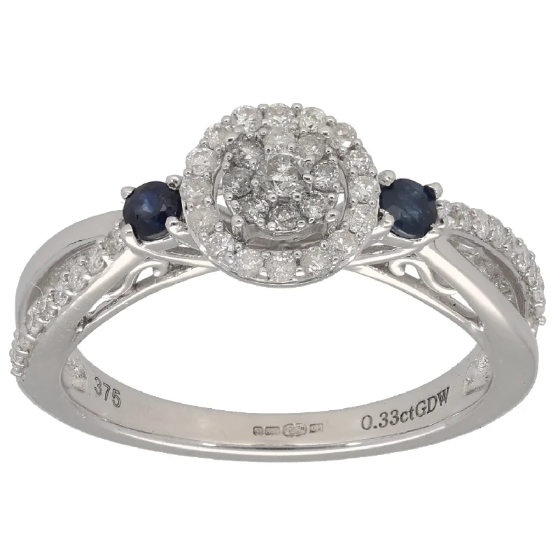 ladies engagement rings rose gold elegance -9ct White Gold 0.33ct Diamond & Sapphire Dress/Cocktail Ring Size M