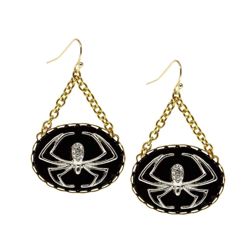 ladies earrings silver drop style -1928 Jewelry Round Spider With Black Enamel Chain Drop Wire Earrings