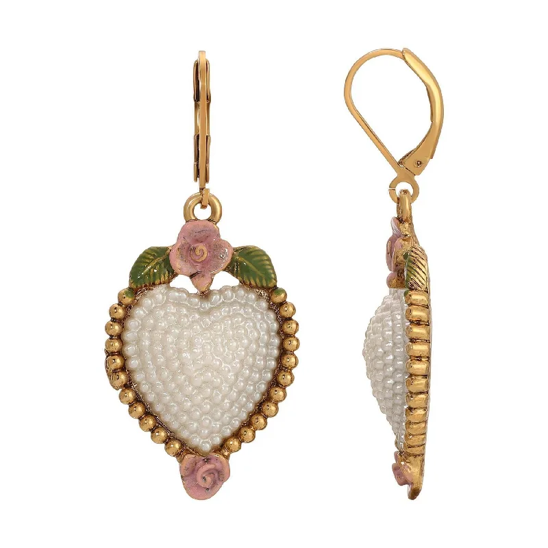 ladies earrings timeless beauty -1928 Jewelry Pearly Eden Pink Rose Enamel Heart Faux Pearl Drop Earrings