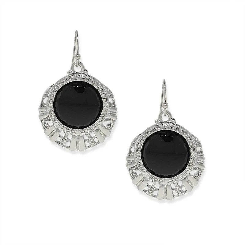 ladies earrings for gifting ideas -1928 Jewelry Black Round Stone Textured Drop Earrings