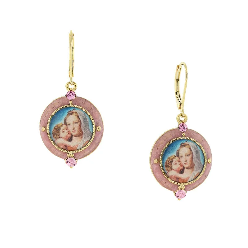 ladies earrings for special occasions -Symbols Of Faith Hand Enamel Crystal Mary And Child Decal Drop Earrings