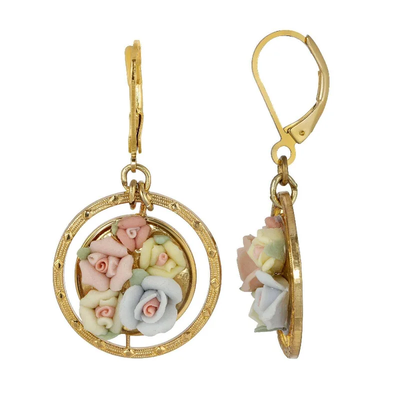 ladies earrings for holiday gift -1928 Jewelry Multicolor Porcelain Rose Round Drop Earrings