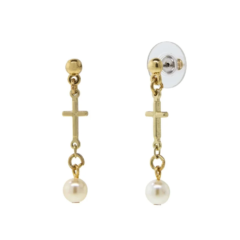 ladies earrings geometric pattern -Symbols Of Faith Cross Drop White Faux Pearl Dangle Earrings