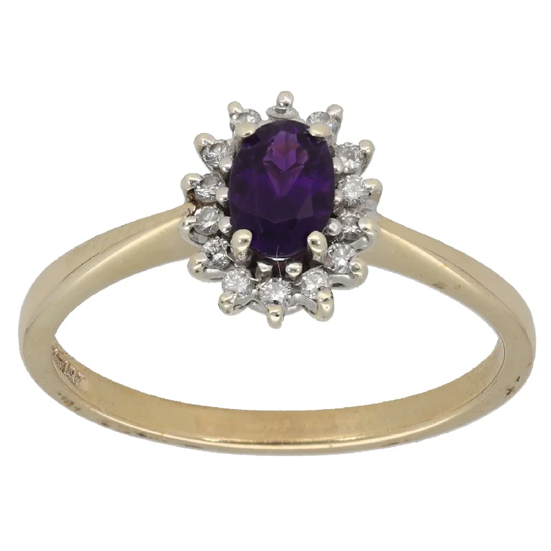 ladies engagement rings with amethyst purple -9ct Gold Amethyst & 0.14ct Diamond Cluster Ring Size O