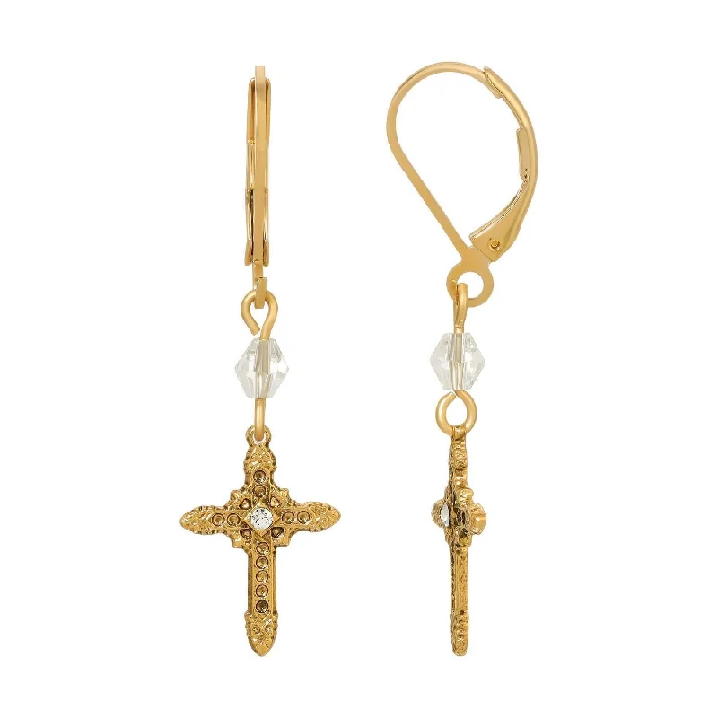 ladies earrings simple minimalist -Symbols Of Faith Ornate Cross With Crystal & Lantern Bead Dangling Earrings