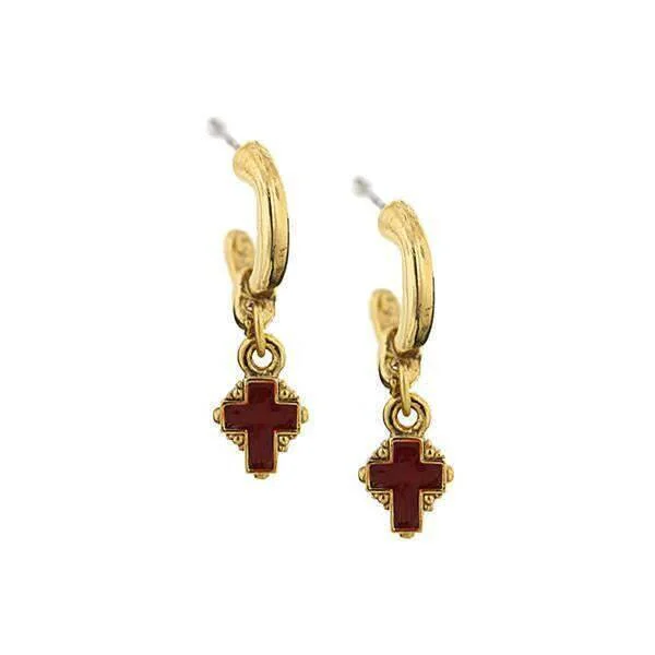 ladies earrings classic elegance -Symbols of Faith Hoops With Red Enamel Cross Drop Earrings