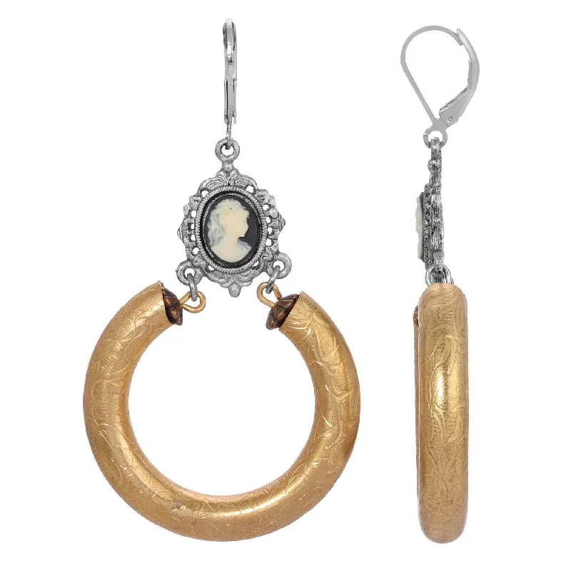 ladies earrings with yellow citrine -1928 Jewelry Etched Vine Hoop Black & Ivory Cameo Earrings