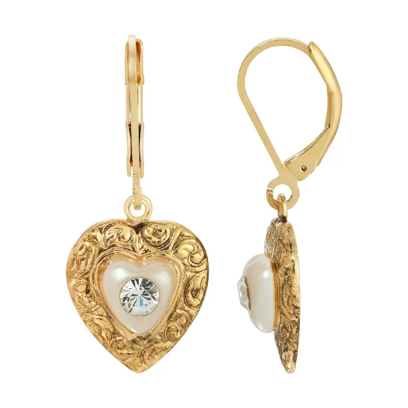 ladies earrings boho chic style -1928 Jewelry Faux Pearl Heart & Crystal Drop Earrings