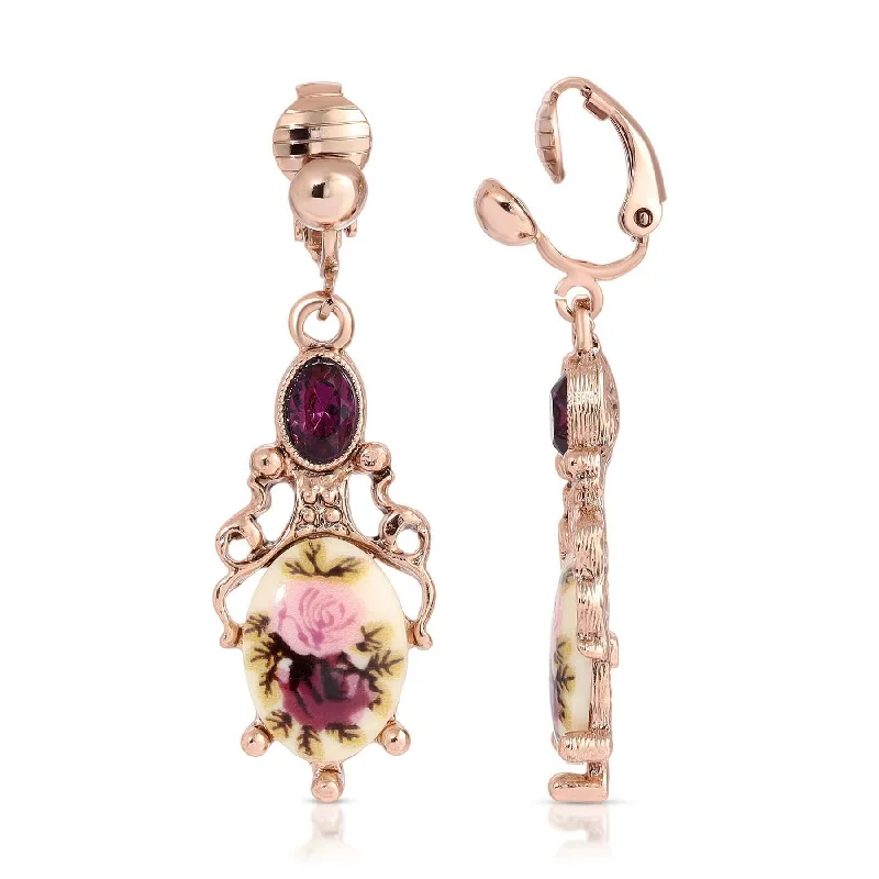 ladies earrings with feather charm -1928 Jewelry Manor House Floral Stone & Purple Crystal Clip On Earrings