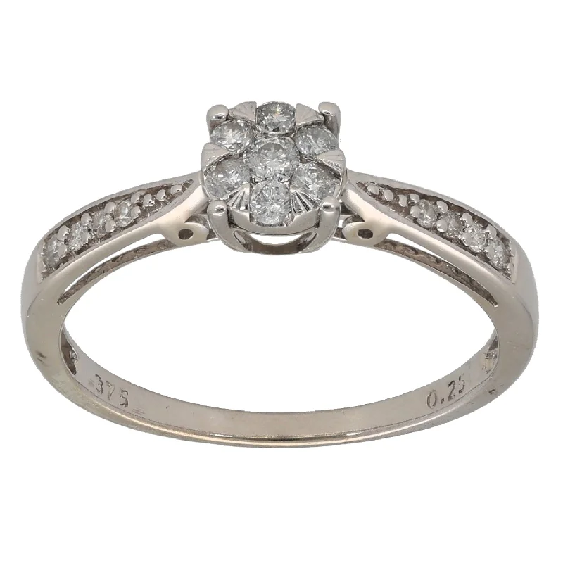 ladies engagement rings marquise cut diamond -9ct White Gold 0.25ct Diamond Cluster Ring Size P