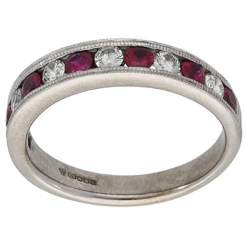 ladies engagement rings with lab grown stone -9ct White Gold Ruby & 0.30ct Diamond Half Eternity Ring Size N