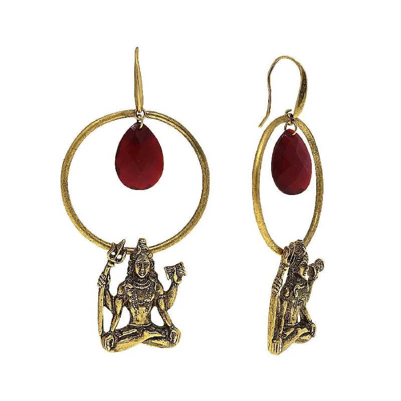 ladies earrings art deco vibe -T.R.U. Goddess  Shiva Hoop Earrings With Red Briolette Center