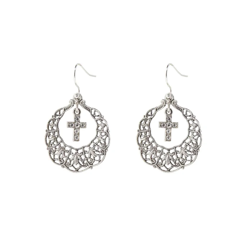 ladies earrings simple minimalist -Symbols Of Faith Hoop Crystal Cross Drop Earrings