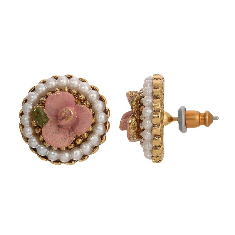 ladies earrings with pink tourmaline -1928 Jewelry Pearly Eden Pink Rose Enamel Faux Pearl Stud Earrings