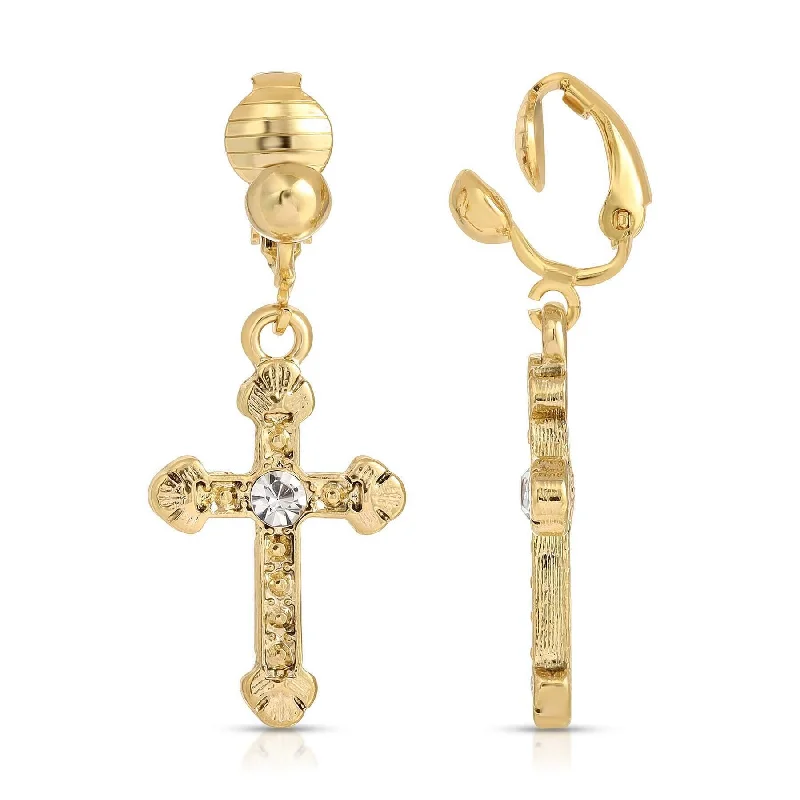 ladies earrings for fashion lovers -1928 Jewelry Crystal Accent Ornate Cross Drop Clip On Earrings