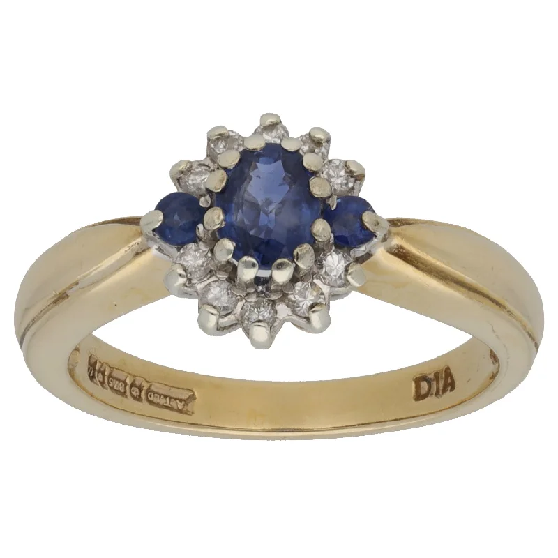 ladies engagement rings for daily wear -9ct Gold Sapphire & Diamond 0.10ct Cluster Ring Size M