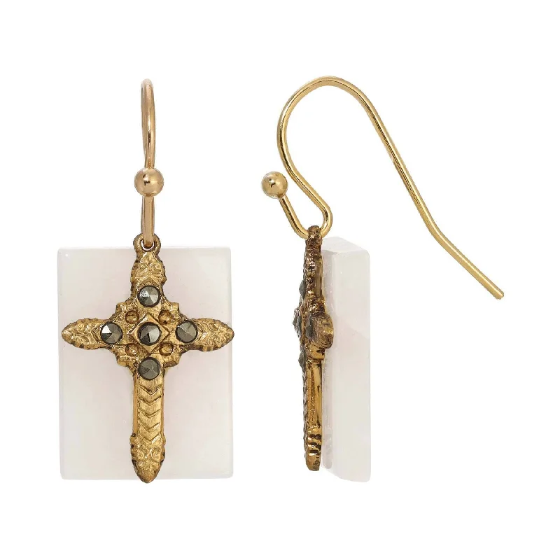 ladies earrings two tone look -Symbols Of Faith Rectangular Gemstone Marcasite Stone Cross Drop Earrings