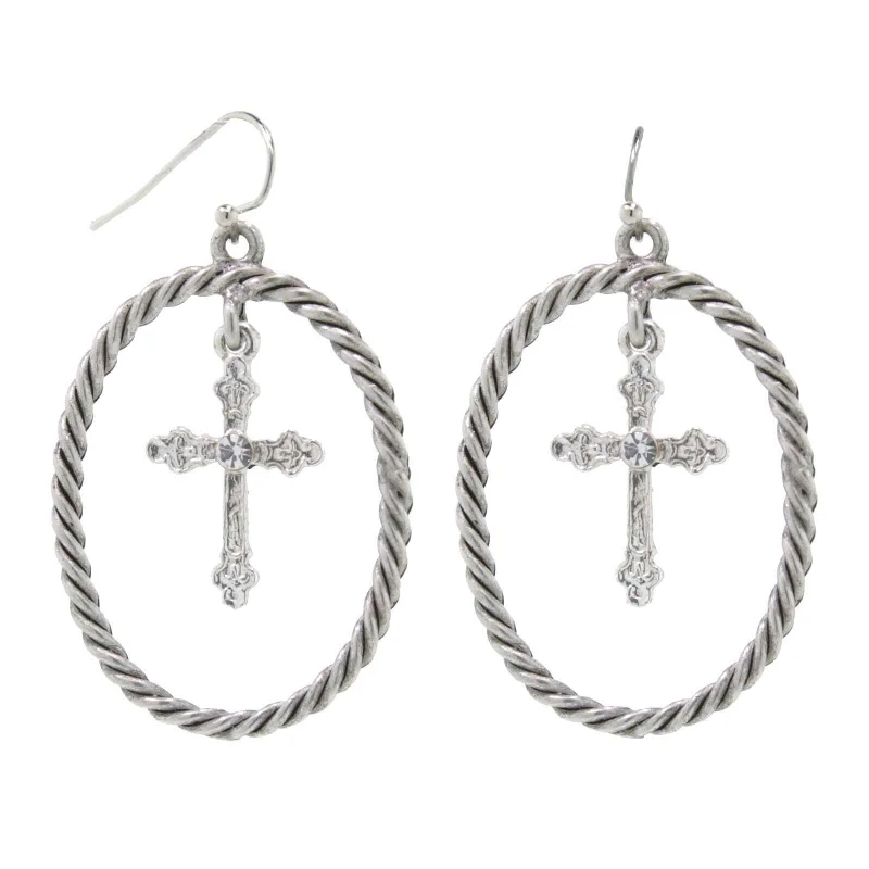 ladies earrings with crystal accents -2028 Jewelry Crystal Accent Suspended Cross Drop Hoop Earrings