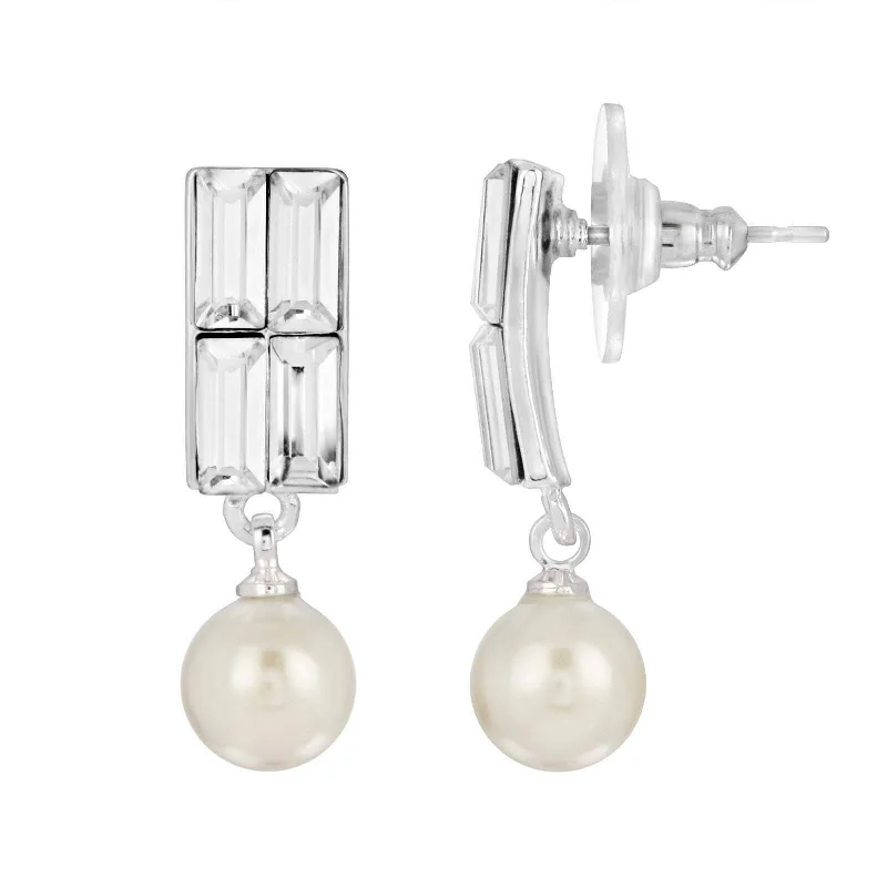 ladies earrings with pearl drops -1928 Jewelry Rectangular Clear Crystal & Faux Pearl Post Drop Earrings