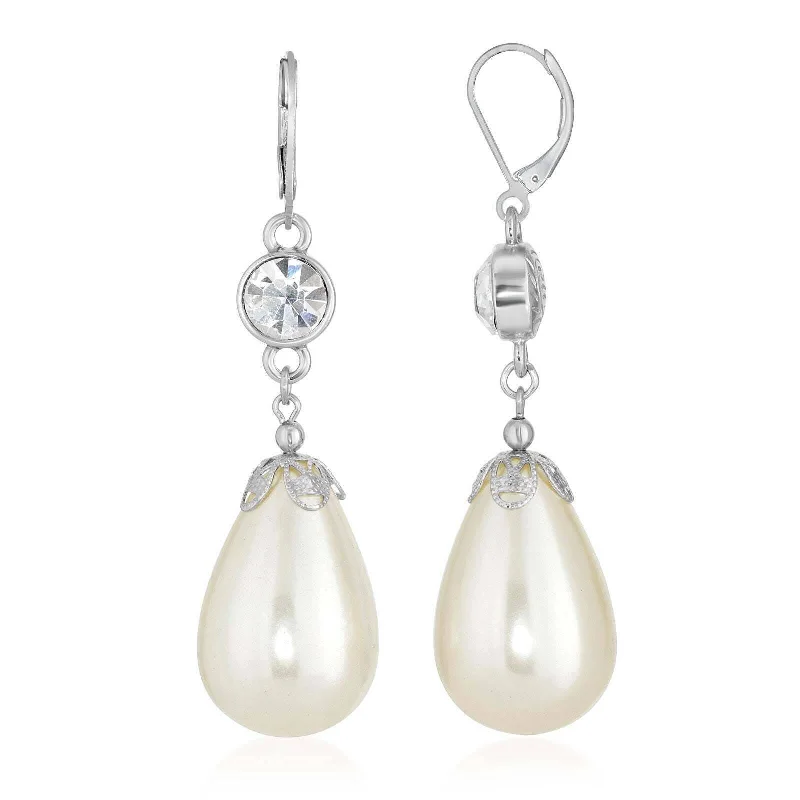 ladies earrings for office style -1928 Jewelry Large Teardrop Faux Pearl And Crystal Drop Earrings