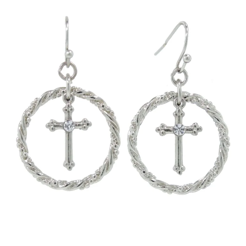 ladies earrings for gifting ideas -1928 Jewelry Suspended Crystal Accent Cross Silver Rope Hoop Drop Earrings