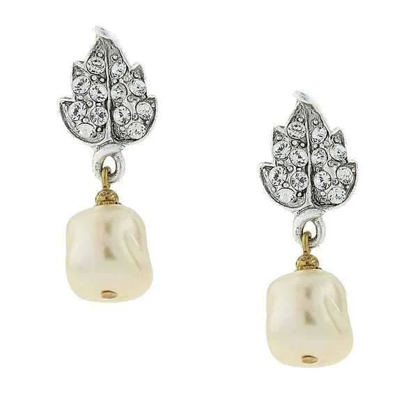 ladies earrings dramatic flair -1928 Jewelry Austrian Crystal Leaf And Baroque Faux Pearl Drop Earrings