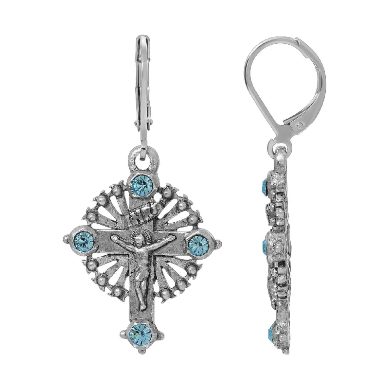 ladies earrings for birthday gift -Symbols Of Faith INRI Crucifix Aqua Blue Crystal Drop Earrings