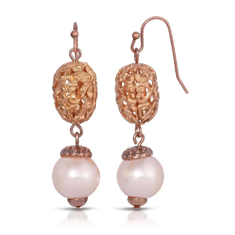 ladies earrings for vintage lovers -1928 Jewelry Rosabella Champagne Faux Pearl Rose Gold Filigree Bead Dangling Earrings