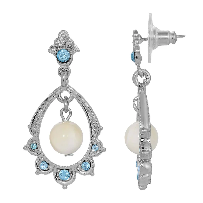 ladies earrings chandelier glamour -1928 Jewelry Aquamarine Crystal Mother Of Pearl Oval Post Drop Earrings