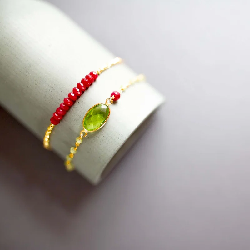 bracelets stackable trendy style -Bracelet Stacking Set: Peridot Quartz & Red Jade