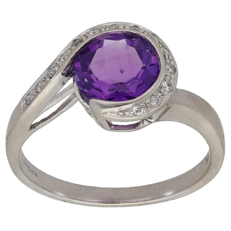 ladies engagement rings modern bride choice -9ct White Gold Amethyst & 0.07ct Diamond Dress/Cocktail Ring Size O