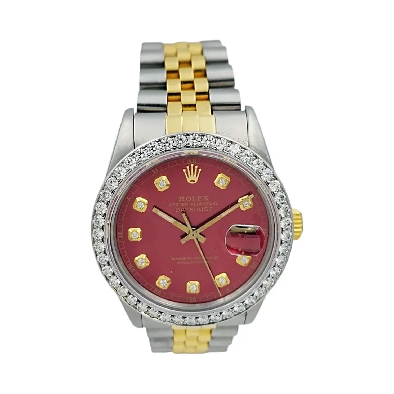 ladies engagement rings personalized engraving -Men's Rolex 36mm DateJust Two Tone 18K Yellow Gold / Stainless Steel Watch with Red Dial and Diamond Bezel. (Pre-Owned 16013)