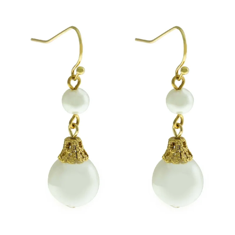 ladies earrings with opal glow -1928 Jewelry Double Faux Pearl Drop Wire Earrings